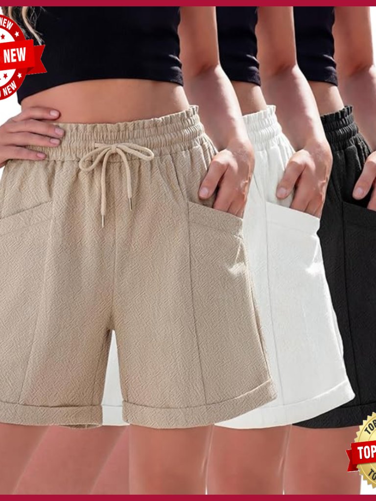 3 Pack Linen Shorts For Women Casual Bermuda High Waisted Drawstring 6 Inch